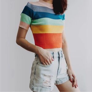 Pastel Rainbow Ribbed Cropped Shirt